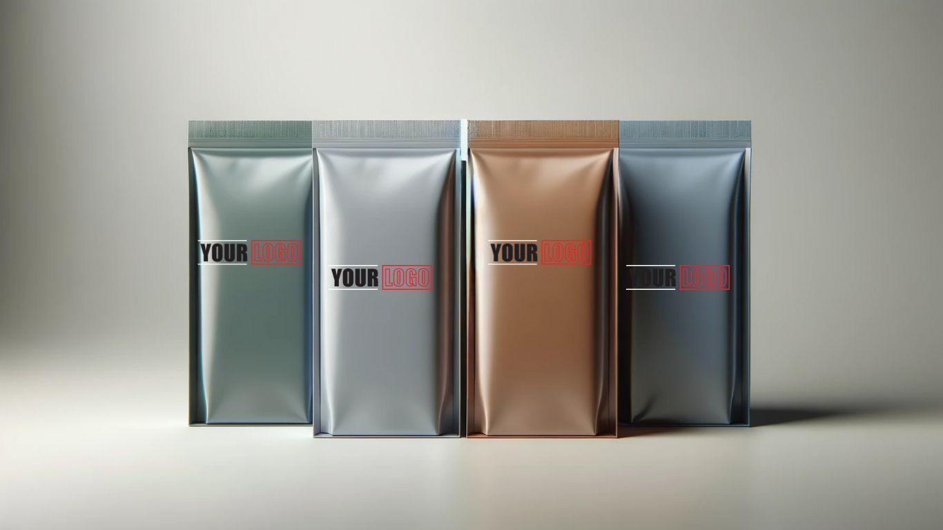 Four standing pouches with a metallic finish in shades of teal, silver, copper, and black, each mock-up featuring a placeholder text for 'YOUR LOGO'. The sleek design of the packaging suggests a customizable option for brands looking to personalize their products. The minimalistic background provides a neutral setting that accentuates the modern and professional look of the pouches.